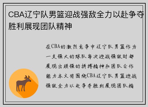 CBA辽宁队男篮迎战强敌全力以赴争夺胜利展现团队精神